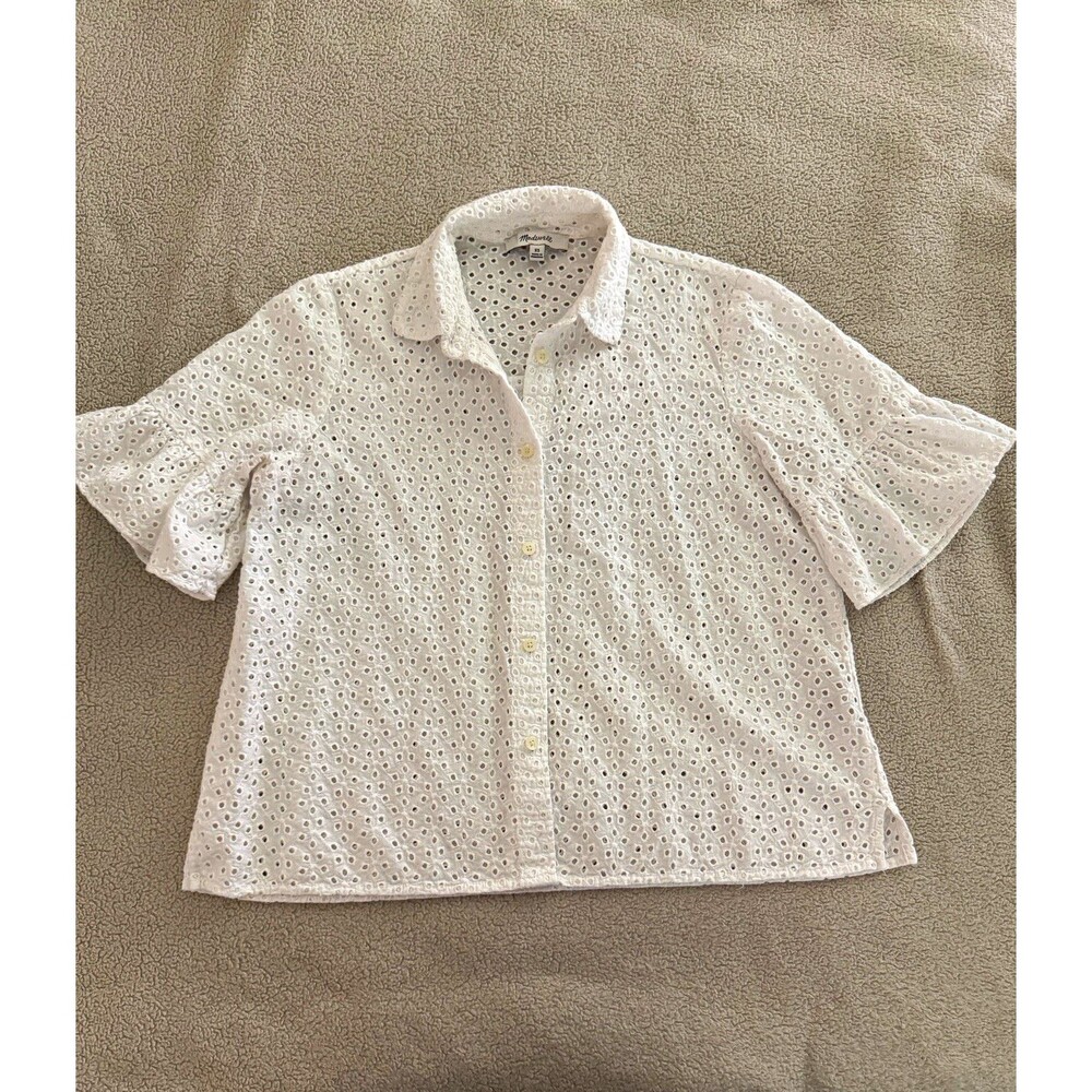 Madewell White Solid Eyelet Cotton Collared Short Sleeve Button-Down Blouse XS